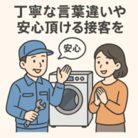 東京でドラム式洗濯機修理を依頼するなら。当社スタッフは技術や知識だけでなく、丁寧な言葉遣いとマナーを徹底し、お客様の大切な住まいに安心してお任せいただける接客を心がけています。